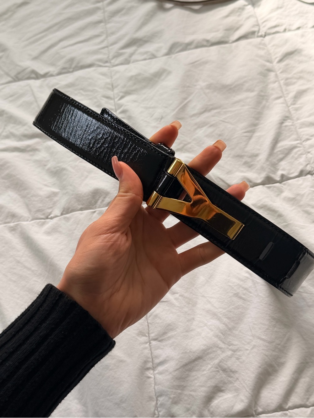 YSL women’s Black Patent Leather Belt with Gold Tone Buckle